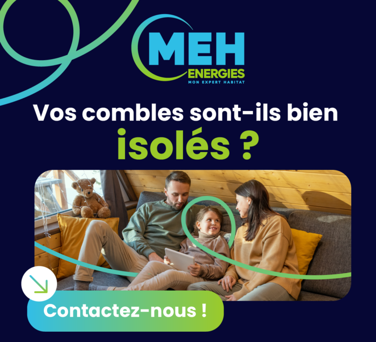 Famille dans un salon sous combles bien isolés, confort thermique en hiver, diagnostic isolation des combles par MEH ÉNERGIES