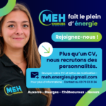 Visuel recrutement MEH ÉNERGIES annonçant des opportunités d’emploi à Auxerre, Bourges, Châteauroux et Nevers avec slogan “Plus qu’un CV, nous recrutons des personnalités”