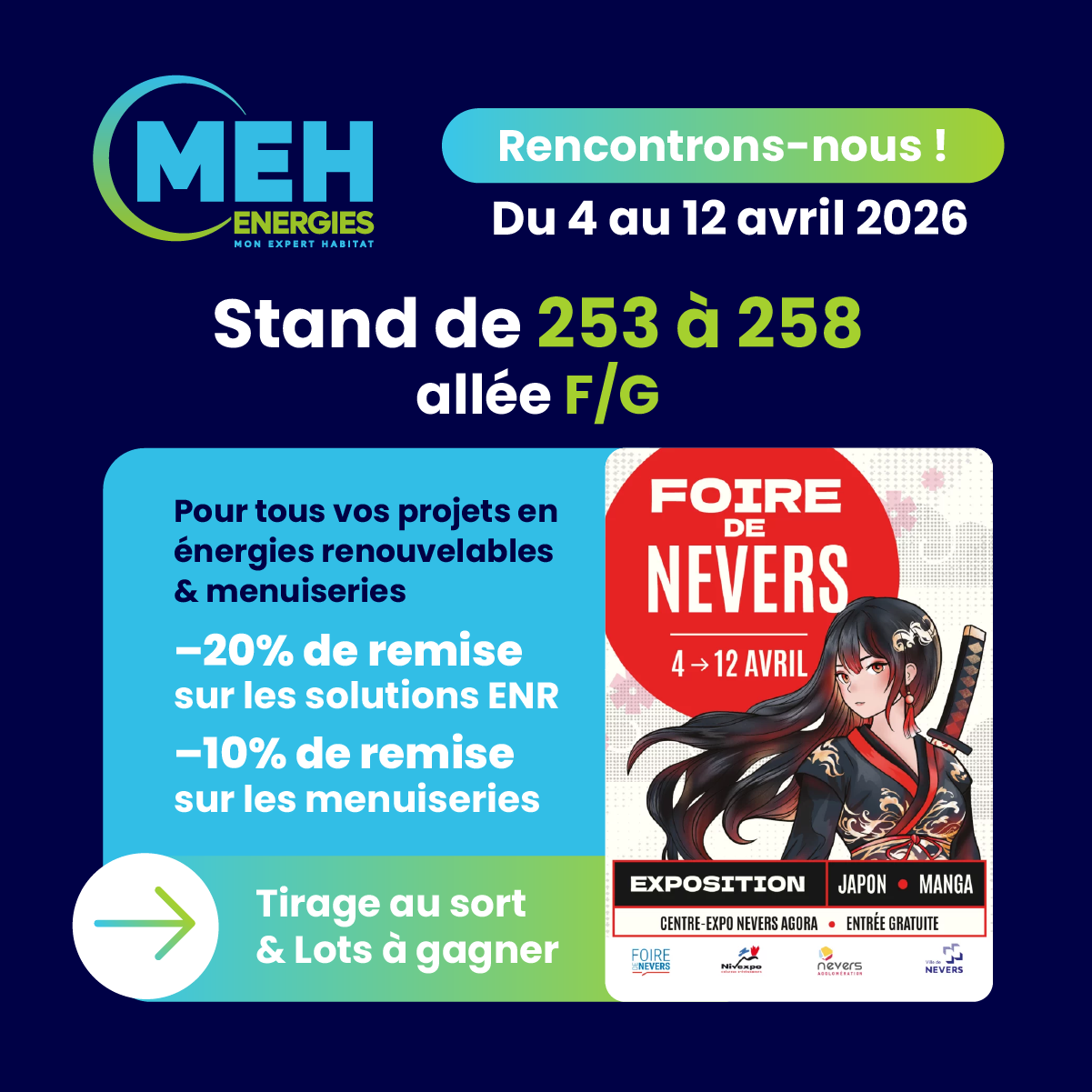 MEH ÉNERGIES Foire de Nevers 2026 stand 253 à 258 allée F G offres énergies renouvelables et menuiseries