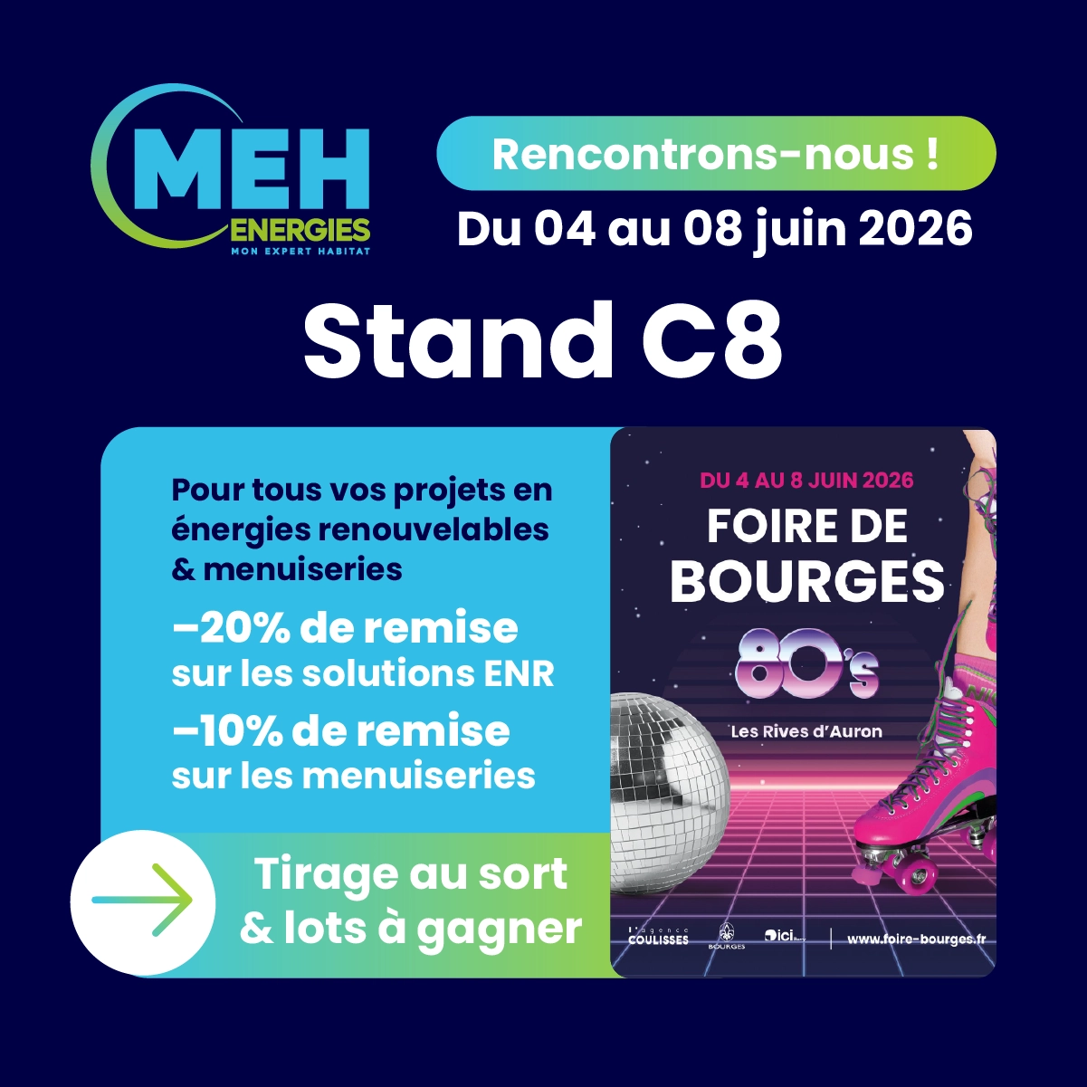MEH ÉNERGIES présent à la Foire de Bourges 2026 aux Rives d’Auron – Stand C8