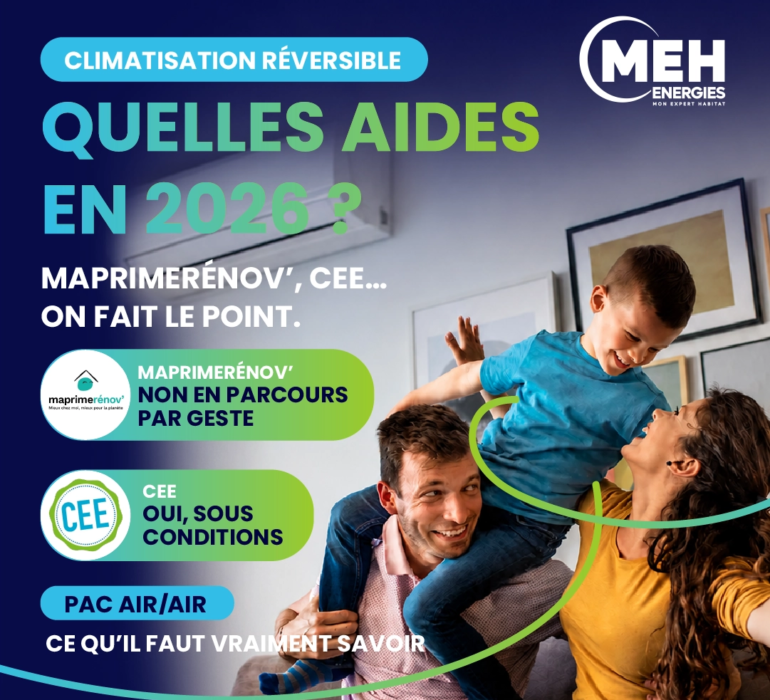 Climatisation réversible et aides financières 2026 avec MEH ÉNERGIES