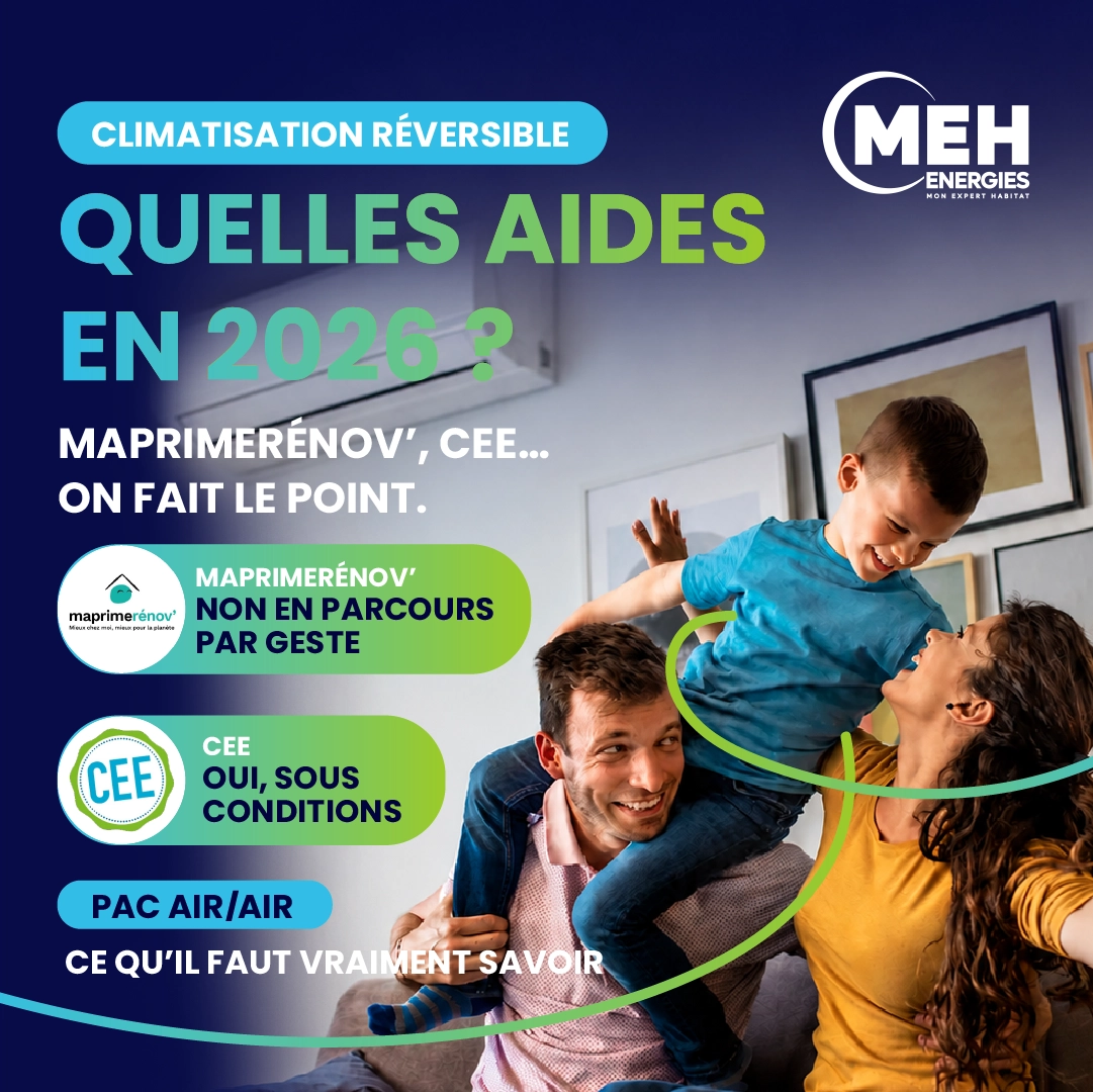 Climatisation réversible et aides financières 2026 avec MEH ÉNERGIES